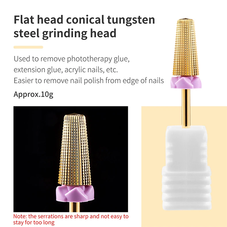 5-in-1-Wolframkarbid-Nagelbohrer, Fräser zum Entfernen von Nagellack, UV-Gel, konisch, Sicherheits-Endschnitt, Maniküre-Werkzeuge, golden – Detail 9