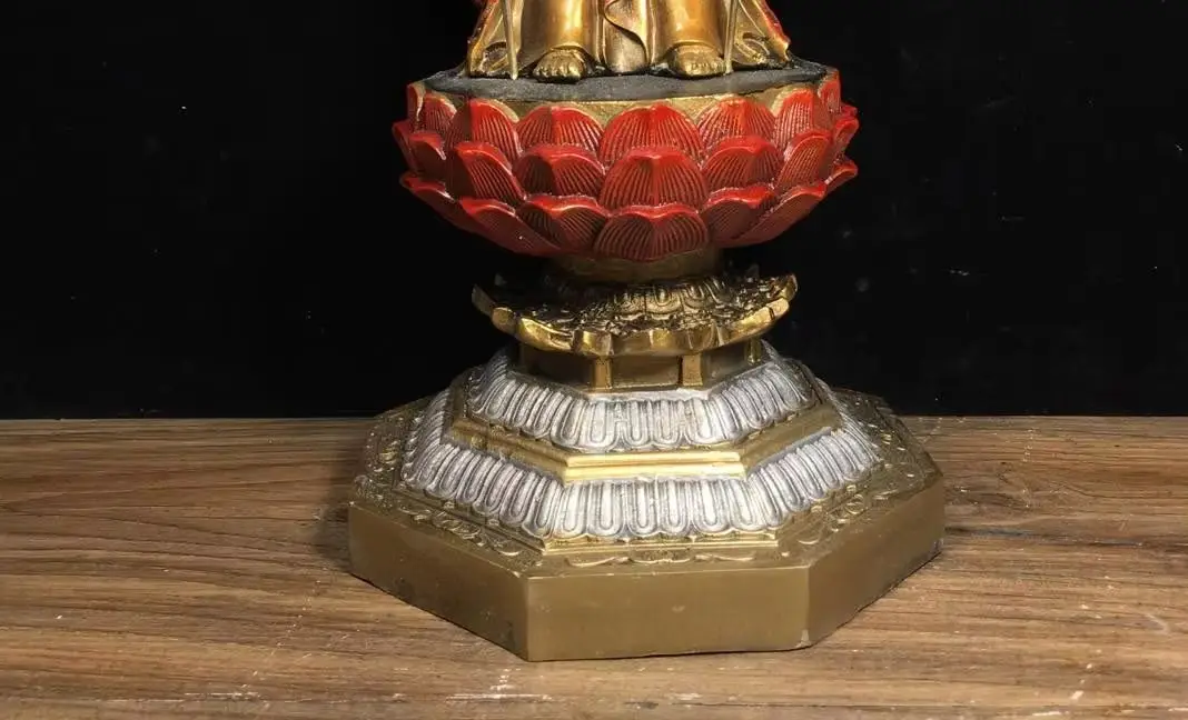 17”Xizang Folk Collection Old Bronze Painted Cundhi Bodhisattva 1000 arm Guanyin Sitting Buddha Worship Hall Town house