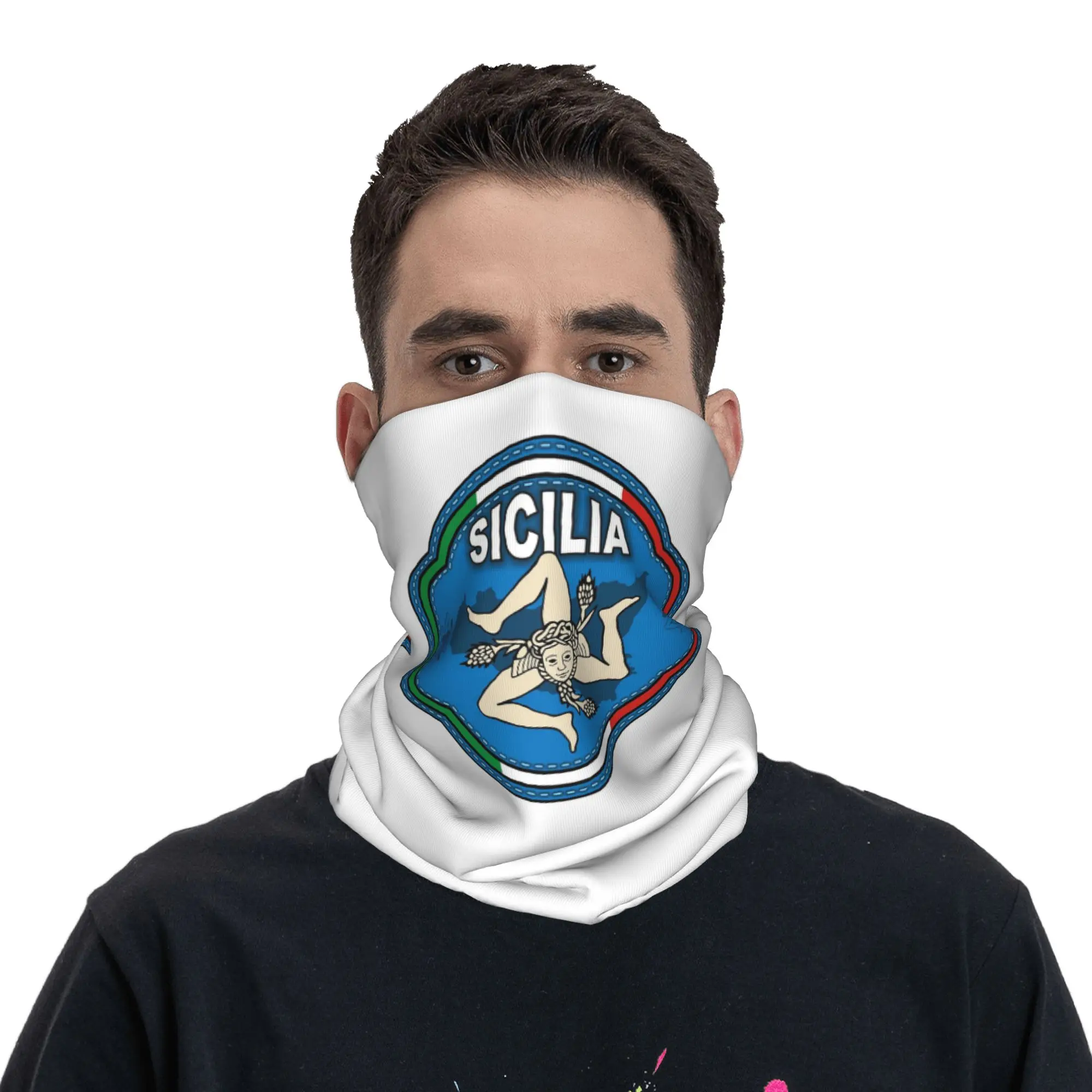 

Sicilia Sicily Coat of Arms stitching effect Bandana Neck Gaiter Printed Wrap Mask Scarf Headwear Running Unisex Breathable