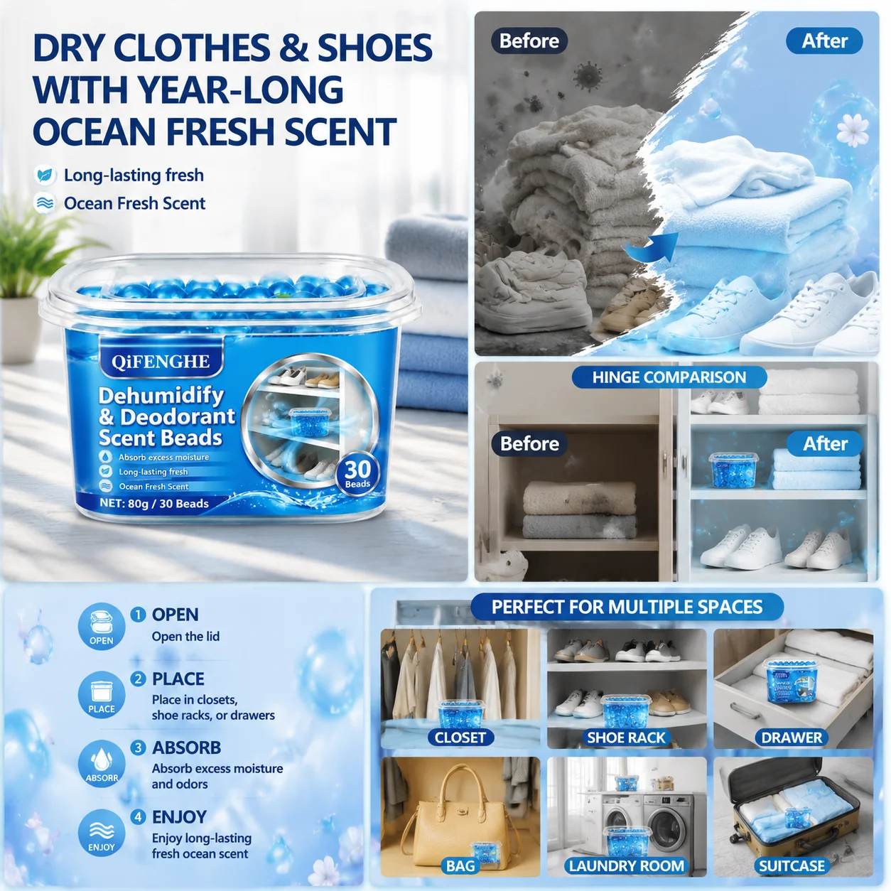 Damp Prevention Wardrobe Dehumidifier Beads for Clothing Storage Stop Mildew Smell Long Lasting Ocean Fresh 80g Pack