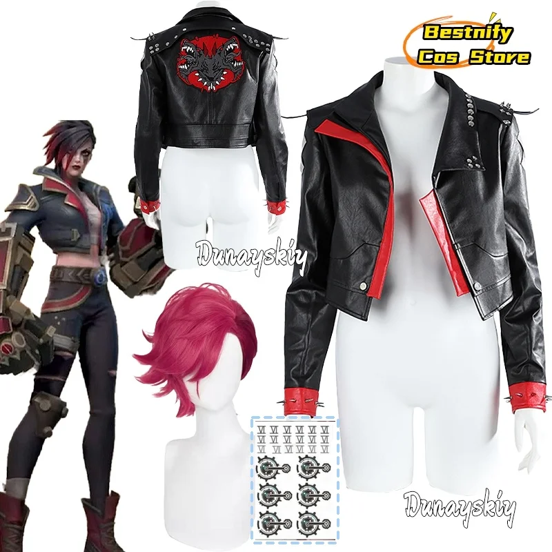 League of Legends Vi Cosplay Costume Tops Coat Retro-Punk Style Leather Top Coat Game LOL cos Full Set Clothing 2025 Anime Party