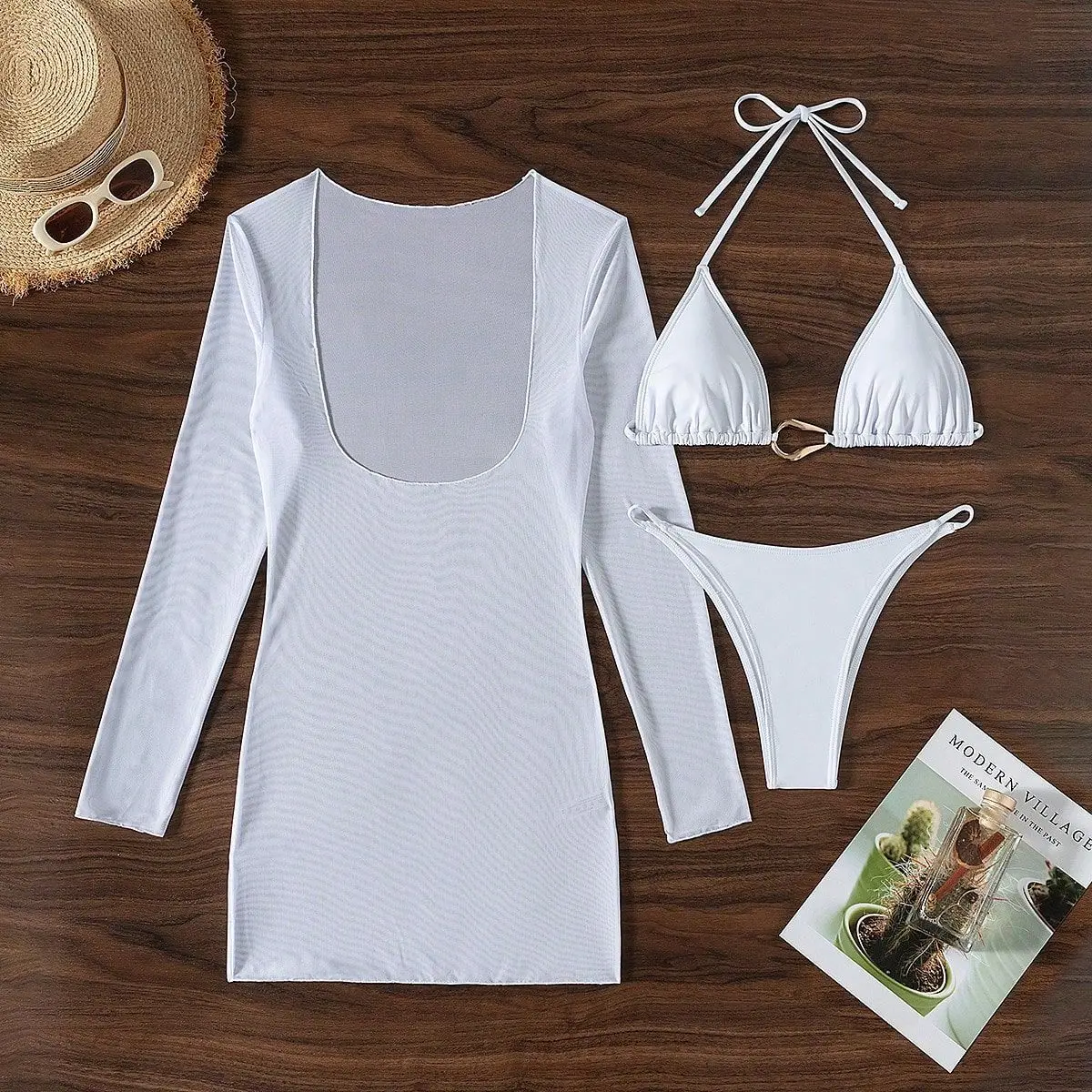 3-teiliger Tanga-Bikini 2025, Damen mit Vertuschung, String-Bademode, weiblich, fester Badeanzug, Strandkleidung, Badeanzug, Sommer