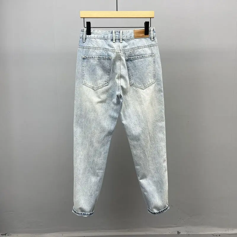 Slant Pocket Light Blue Slim-fitting Small-footed Jeans Men's Streetwear Simple Retro High Street Trousers Trendy Men's Pants