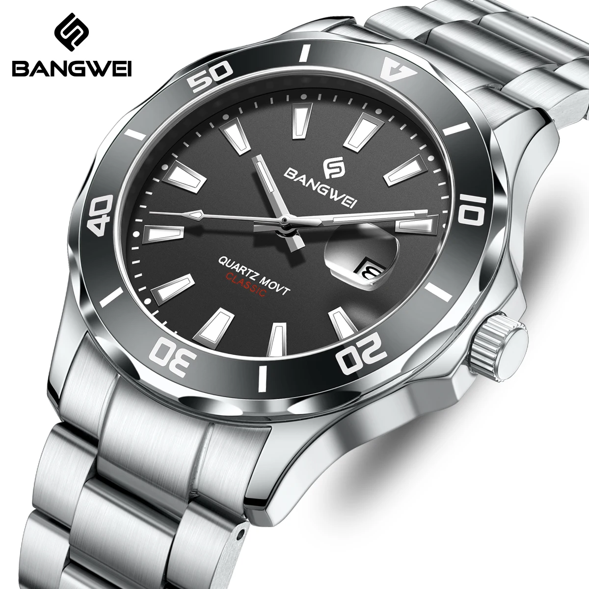 

BANGWEI Роскошные спортивные кварцевые часы со светящимся календарем для мужчин, водонепроницаемые наручные часы из нержавеющей стали Relogio Masculino