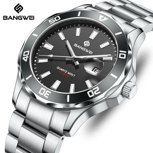 Imagen 1 del producto Reloj de cuarzo deportivo de lujo BANGWEI, relojes con calendario luminoso para hombre, reloj de pulsera resistente al agua de acero inoxidable, reloj Masculino