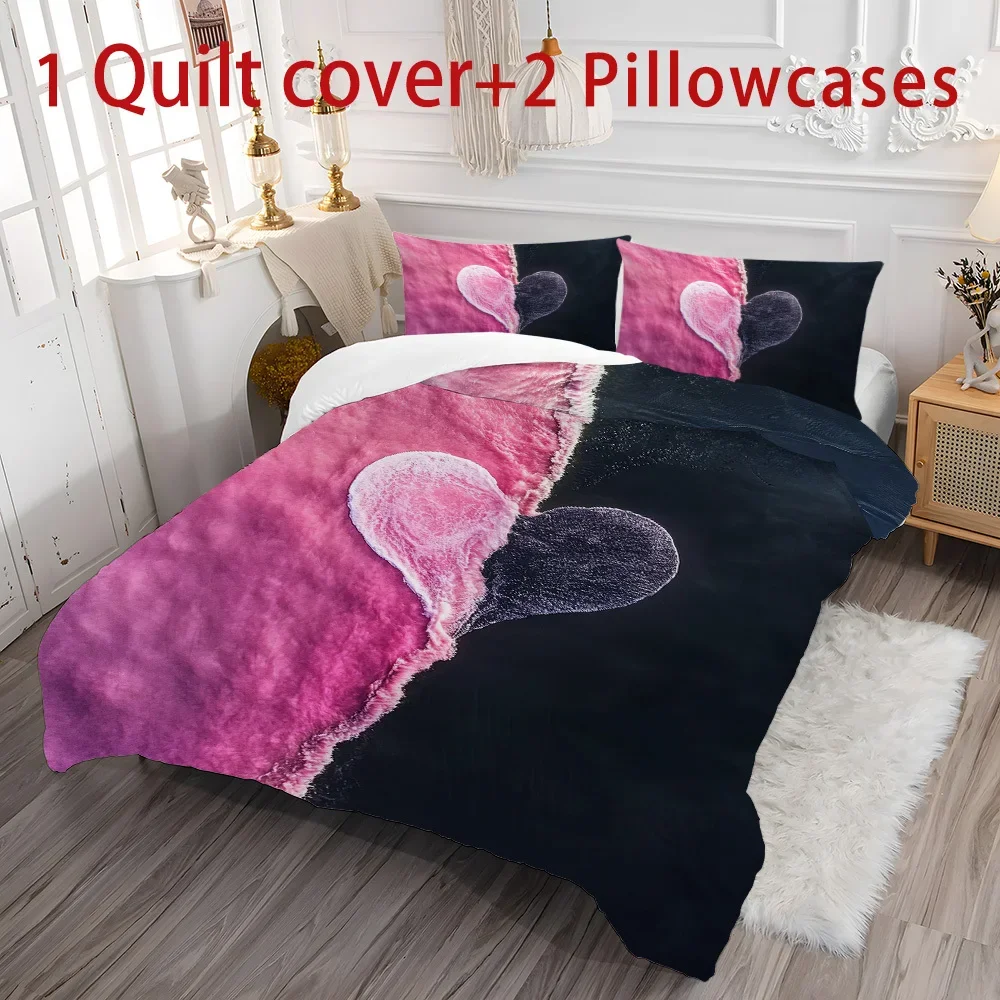 3pcs Modern Valentine'S Day Heart Print Bedding Set - Soft Polyester Duvet Cover and Pillowcases, Machine Washable, for Home Bed