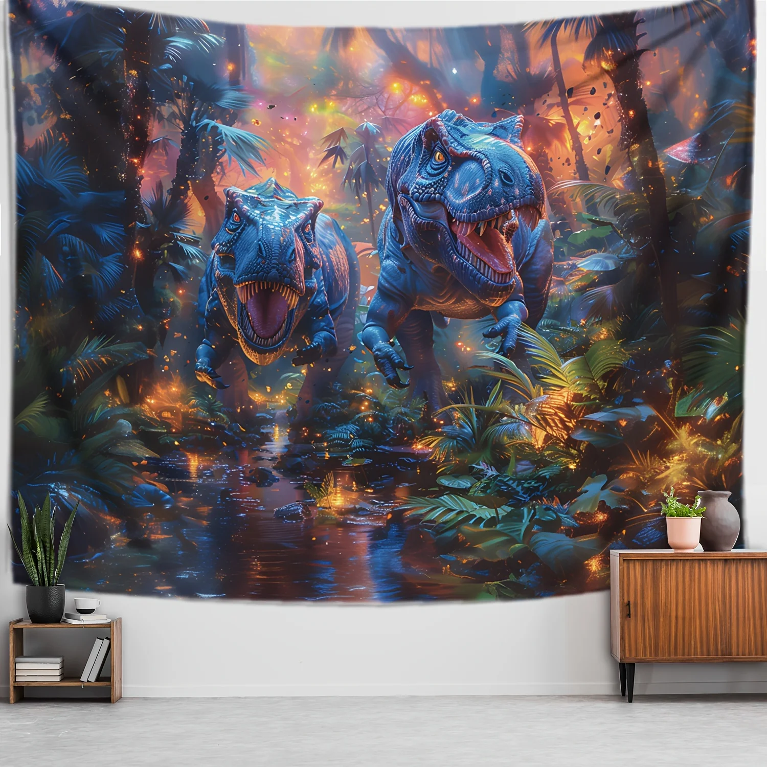 Mystic Dinosaurs In Jungle Night Tapestry Wall Hanging Art Decor Vibrant Colors For Living Room Bedroom Home Decoration