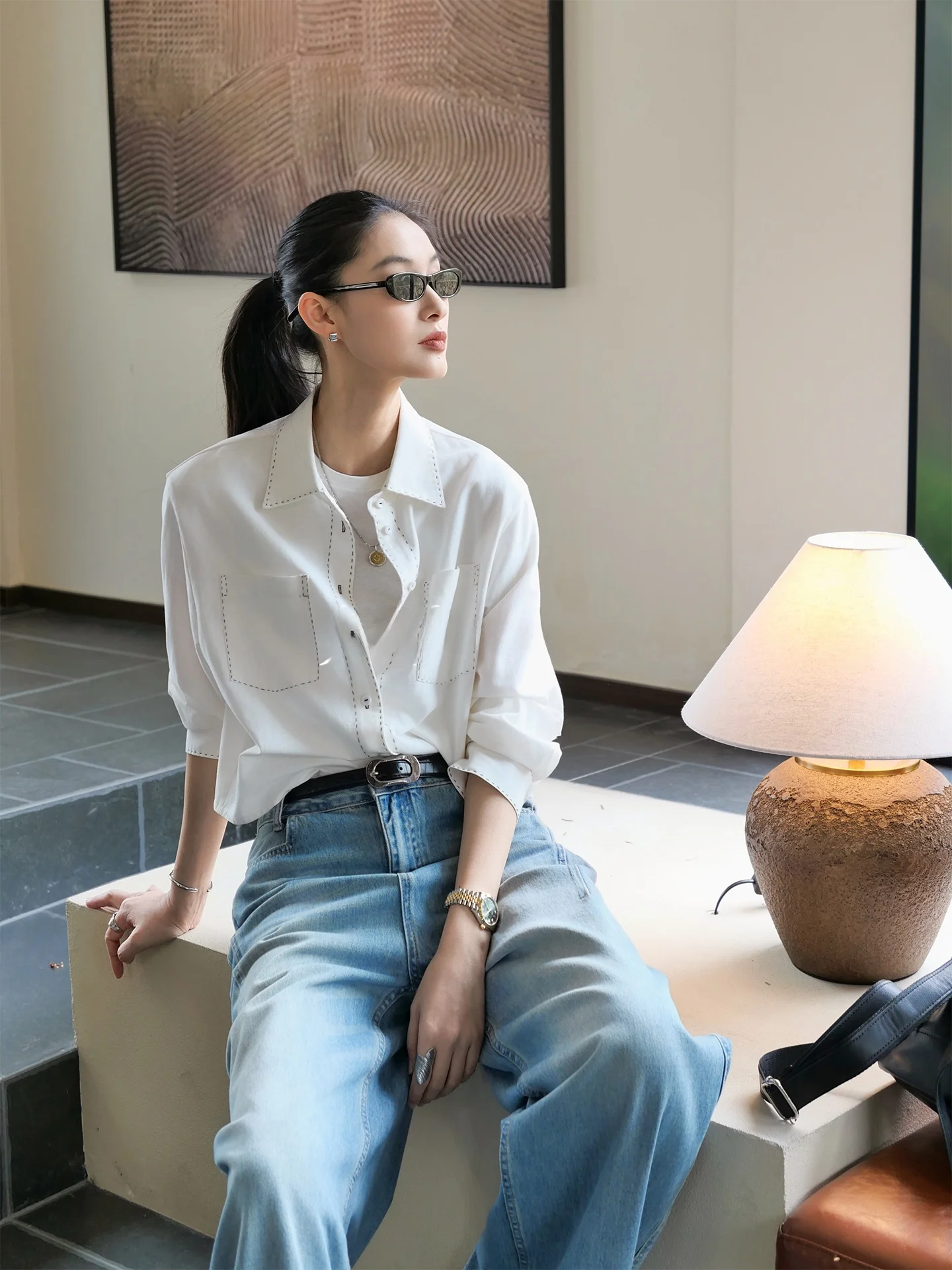 

JIEJI Zhang Spring Commute Casual Style Long Sleeve Shirt Short Outerwear White Turn-down Collar Single Button Design