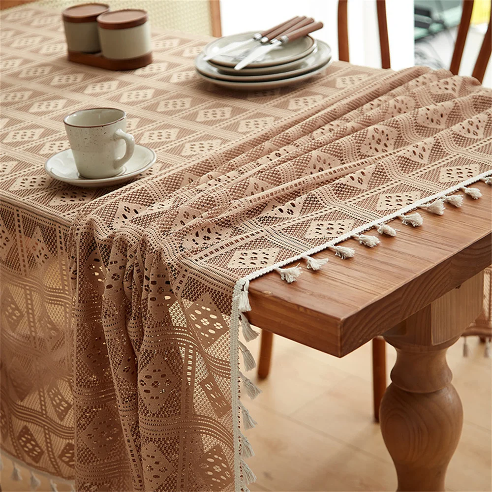 1Pcs Hollow Out Anti Slip Lace Dustproof Dining Table Cloth With Tassel Retro Rectangle Tablecloth Dining Room Table Decor