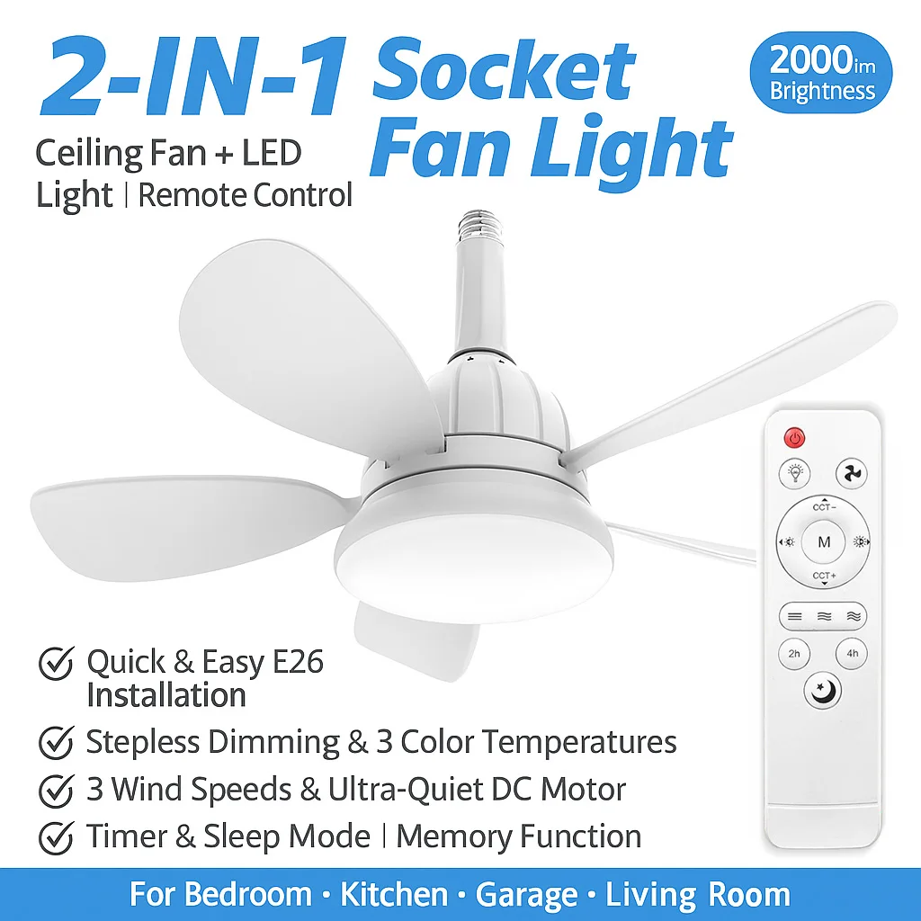 

2 in 1 Ceiling Fan with Light E26 Socket Easy Install with Remote Stepless Dimming 3 Speeds 3 Color Modes Quiet LED Fan Light