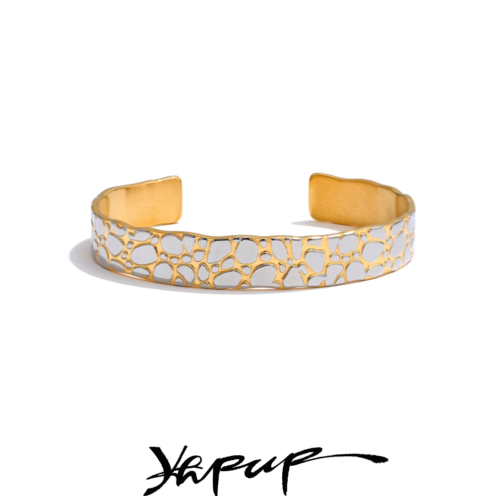 Yhpup คุณภาพสูงสแตนเลสโลหะรอบ Cuff เปิดสร้อยข้อมือกําไลข้อมือกันน้ําเนื้อที่โดดเด่นนาฬิกาข้อมือเครื่องประดับ