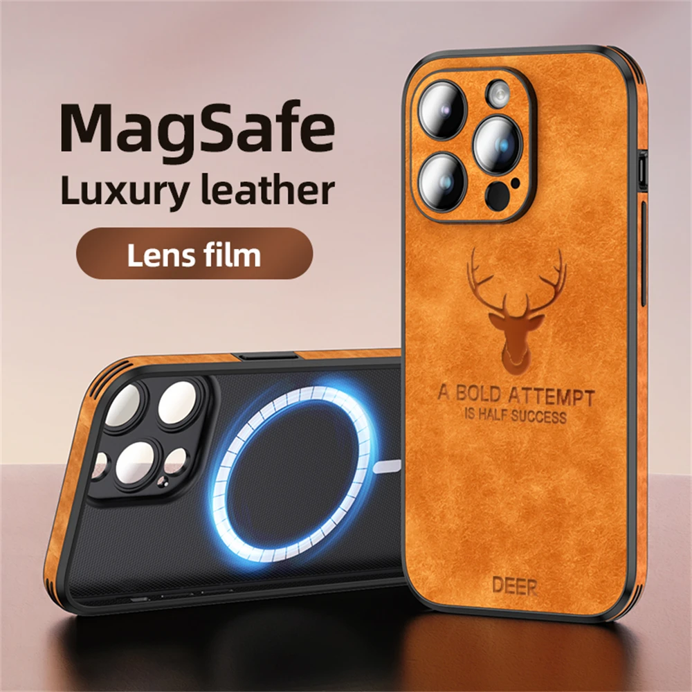 Leather Magnetic Phone Cases For iPhone 16 15 14 Plus 13 12 11 Pro Max For Magsafe Genuine Feel Glass Lens Film Shockproof Cover