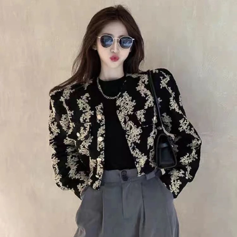 

2024 Spring Fall Korean Fashion Designer Women Dobby Floral Black with White Short Jacket Coat , Woman Jacquard Jackets Coats