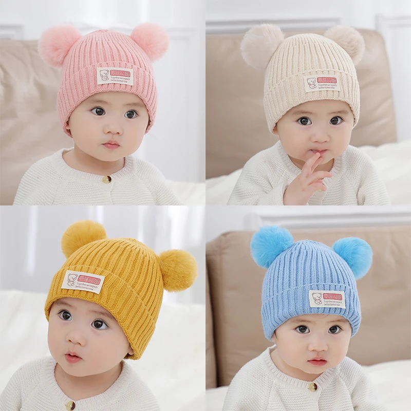 Cute Double Pompom Baby Knitted Hat Winter Thicken Warm Infant Boys Girls Cap Beanie Korean Solid Color Toddler Kids Hat Bonnet