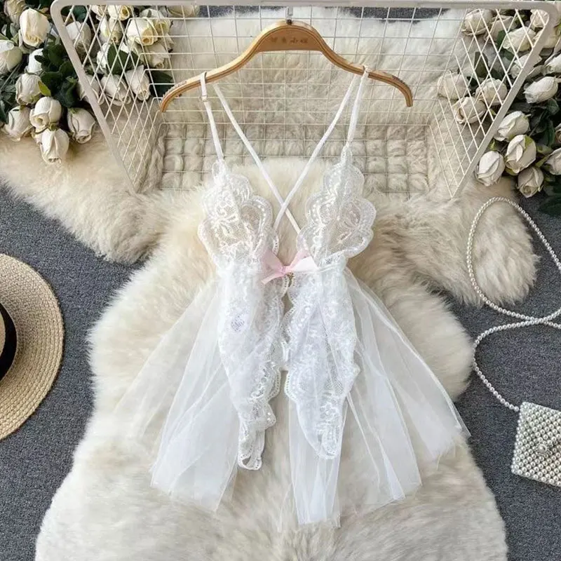 Lencería de corte bajo ajustada de malla transparente, minivestido Sexy, conjunto de lencería caliente, mono erótico sin entrepierna para adultos, conjunto de lencería con Tanga