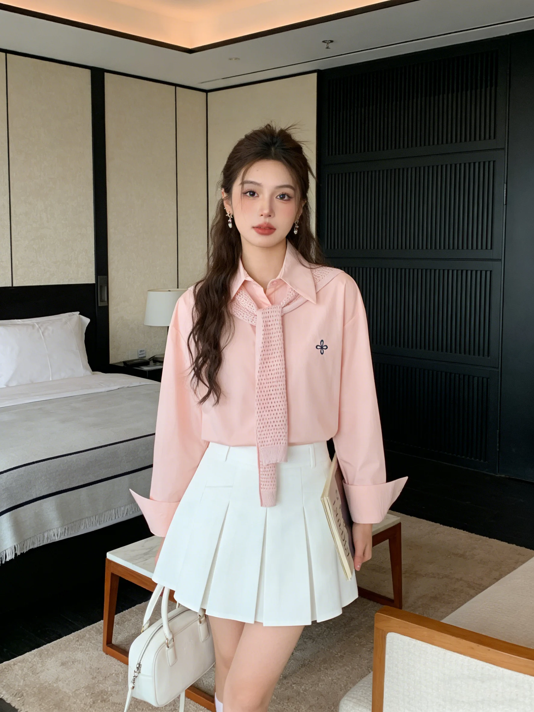 

Pink Embroidered Casual Loose Skin-friendly Sun Protection Outerwear irt Sli Spring Faion Women's Long Sve Blouse