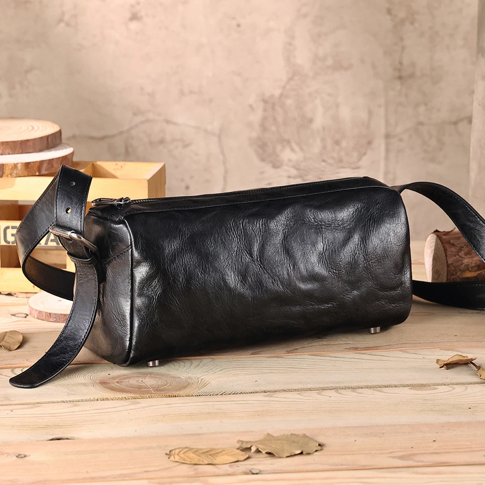 Genuine Leather Shoulder Bag for Men Vegetable Tanned Leather Street Trend Black Crossbody Cowhide Bag