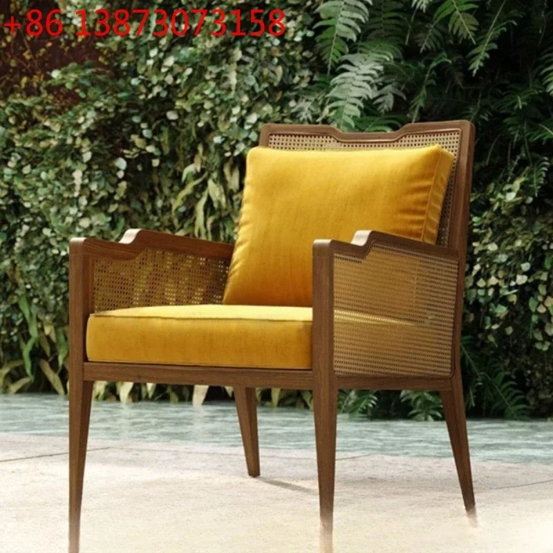 New Chinese solid wood sofa chair designer rattan with seat cushion leisure chair B & B single sofa chair three-piece set