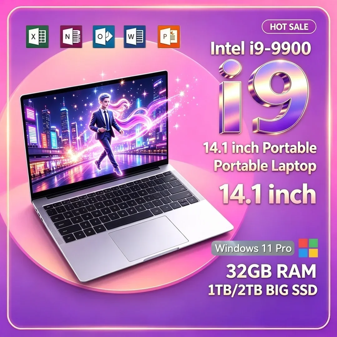 Intel I9-9900 14.1 Inch Powerful Ultra Slim Laptop Office 16/32GB RAM 1/2TB BIG SSD Bright Windows11 Portable Laptop Study