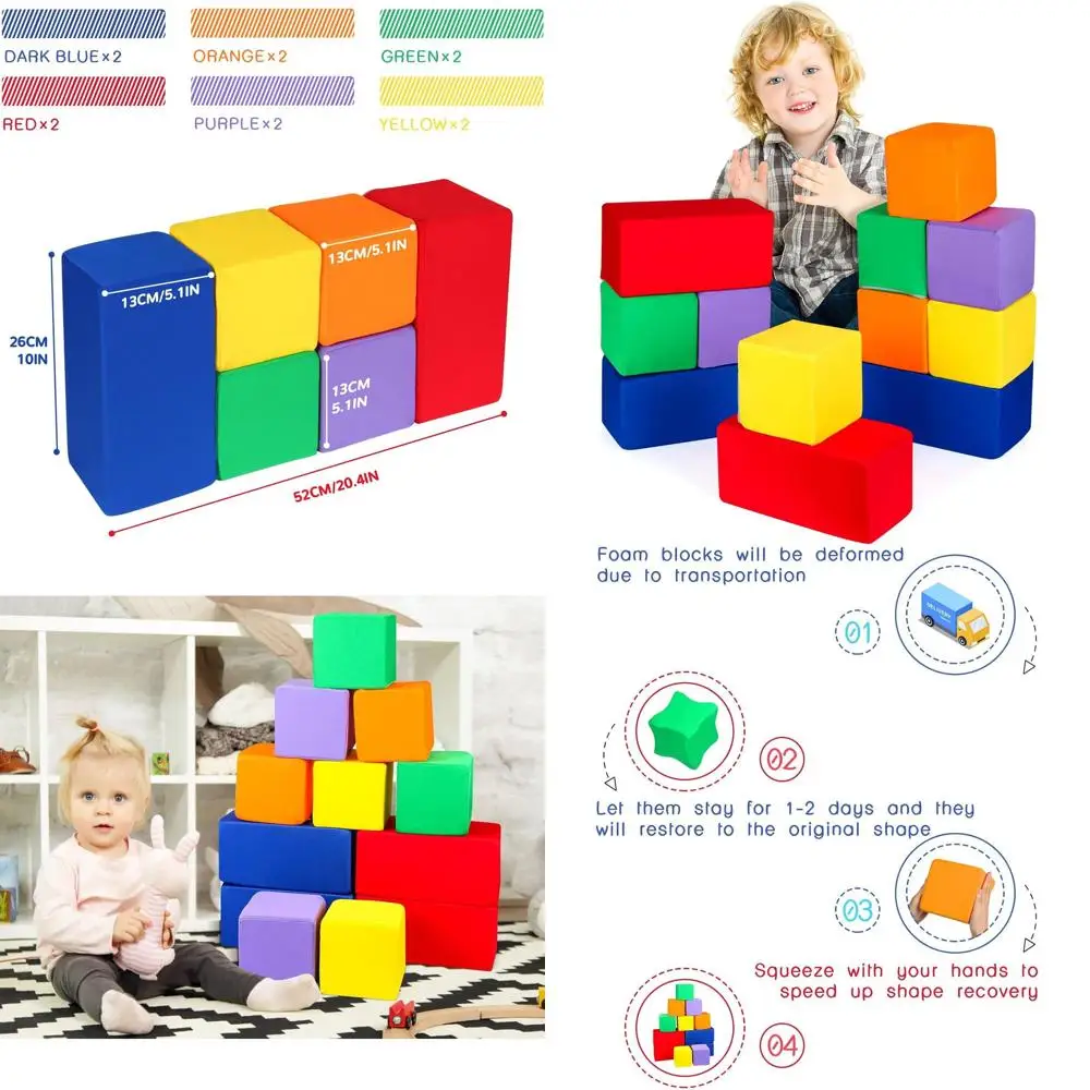 12-częściowy zestaw klocków z pianki pokrytych tkaniną w 2 rozmiarach dla maluchów - Kolorowe, miękkie klocki do budowania i zabawy w rzucanie -