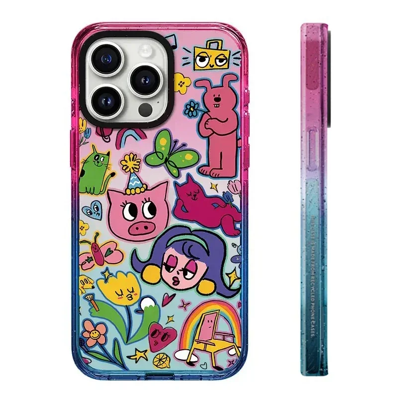 

2.0 Acrylic Colorful Border Cartoon Pig Butterfly Pattern iPhone 11 12 13 14 15 Pro Max Protective Case