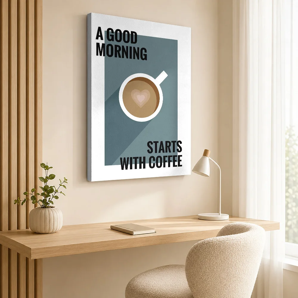 Good Morning Coffee Cup Framed Canvas Print Customized Photo Retro Illustration Wall Art For Breakfast Nook, Cafe Owner Gift