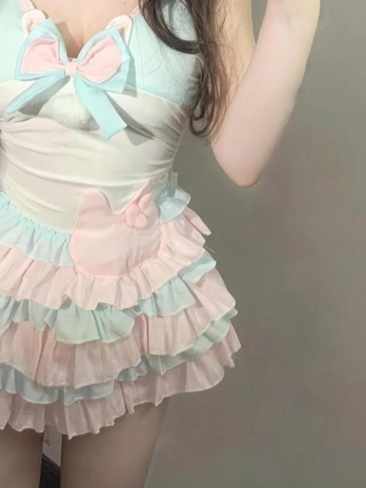 Vestidos elegantes de estilo dulce Harajuku para mujer, minivestido Y2k con bonito lazo y cuello Halter, diseño de pastel, trajes Retro de moda femenina 2025