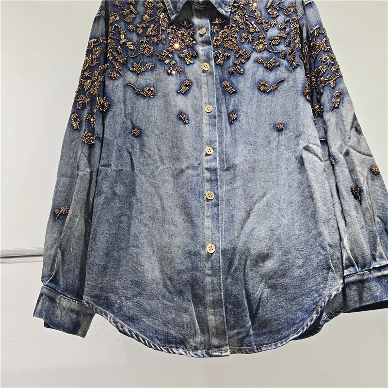 SuperAen Retro Beaded Butterfly Embroidered Denim Shirt for Women 2026 Spring and Autumn New Loose Luxury Shirts