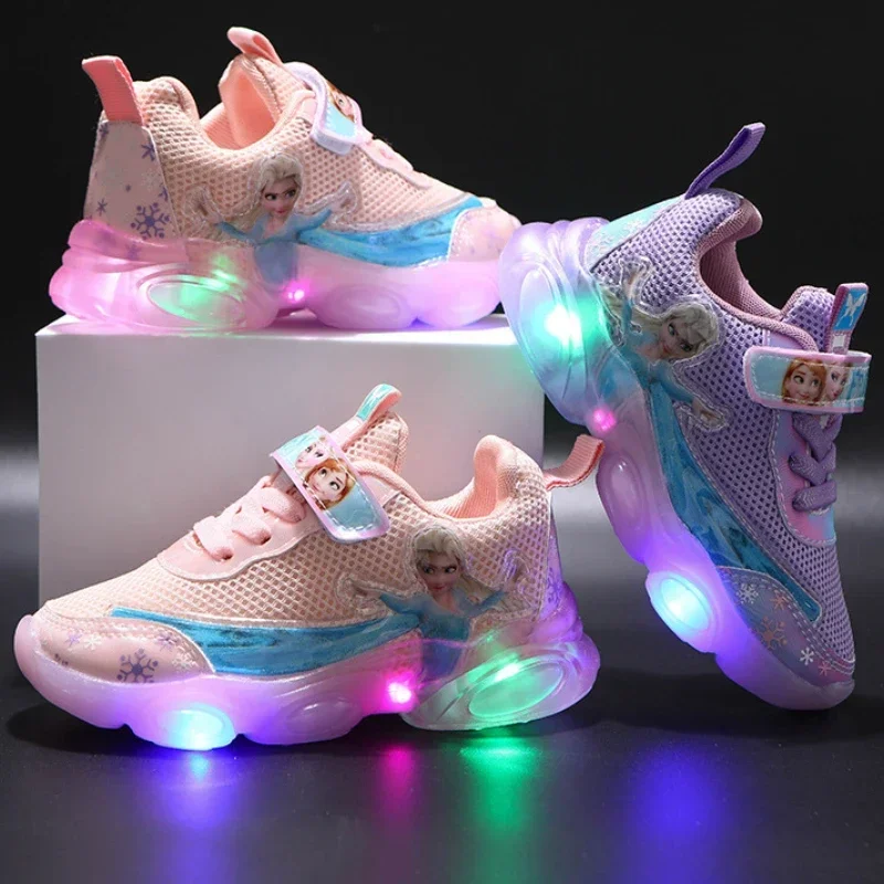 Disney LED Casual Sneakers For Summer Girls Frozen Elsa Princess Print Mesh Breathable Shoes Children Lighted Non-slip Shoes