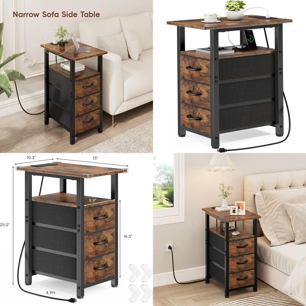 

Прикроватная тумбочка с зарядной станцией, узкая тумбочка с тканевыми ящиками для небольших помещений, цвет: рустик-коричневый