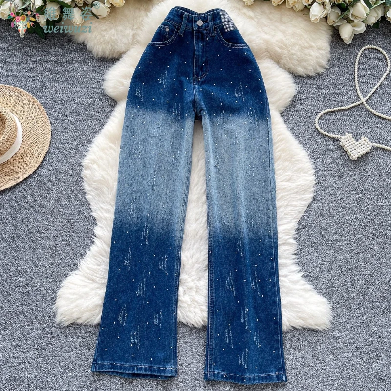 

Jeans for Woman Diamonds Denim Wide Leg Pants Gradient Color Quality High Waist Pants Pockets Autumn Causal Trousers Lady Outfit