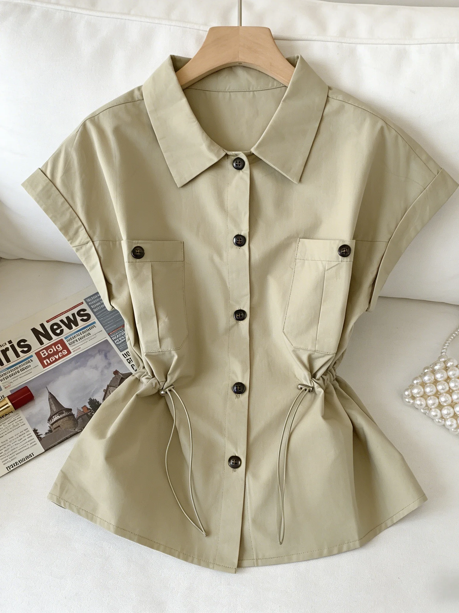 

plus Size Drawstring Waist Slimming Casual Style Women's Shirt Korean Commute Style Short Sleeve Breathable Skin-Friendly