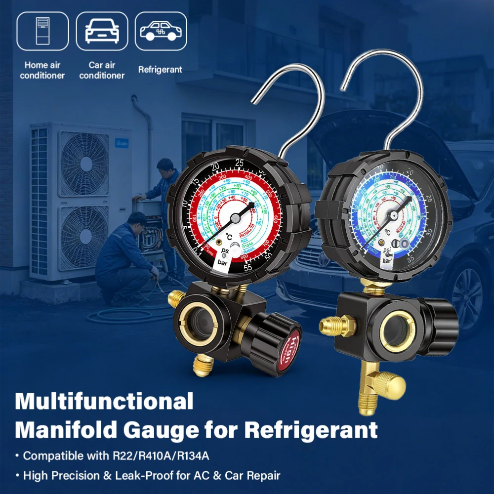 R410a Diagnostic Manifold Freon Gauge Set High Pressure A/C Refrigeration Tool for R22/R410A/R134A/R410a with Sight Glass G1/4