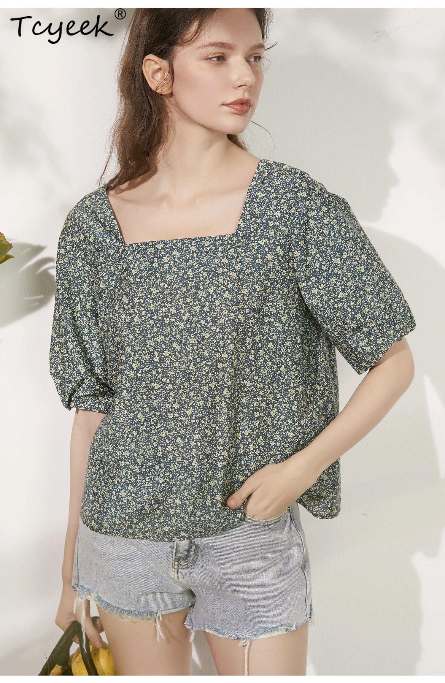 Tcyeek T-shirt da donna in cotone 30% seta 70%, colletto quadrato a maniche corte floreale, top casual dolce ed elegante, estate T47149QM