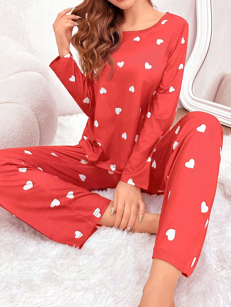 Damen-Pyjama, lässig, Liebesdruck, Rundhalsausschnitt, lange Ärmel, lange Hosen, Herbst und Winter, bequemes Set, Mädchen-Nachtwäsche, Homewear – Detail 9