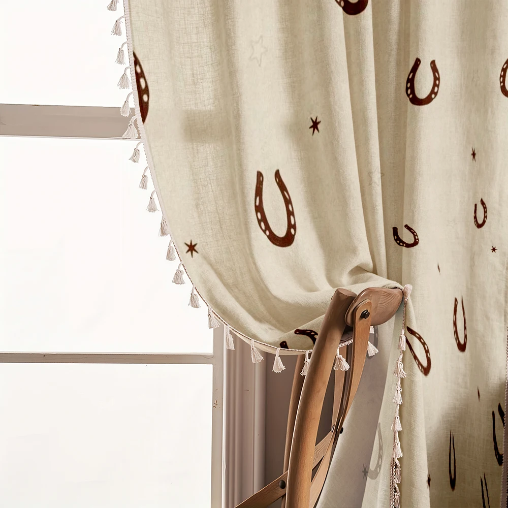 1PC Western Tassel Sheer Curtains, Horseshoe Star Cowboy Country, Digital Print, Polyester, Bedroom Living Room Home Decor