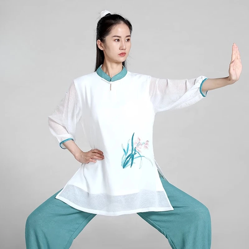 Women's Tai Chi Kung Fu Outfit Lightweight Chiffon Hand-Painted Dress Fluid Drape & Breathable for Summer Practice Daily Wear