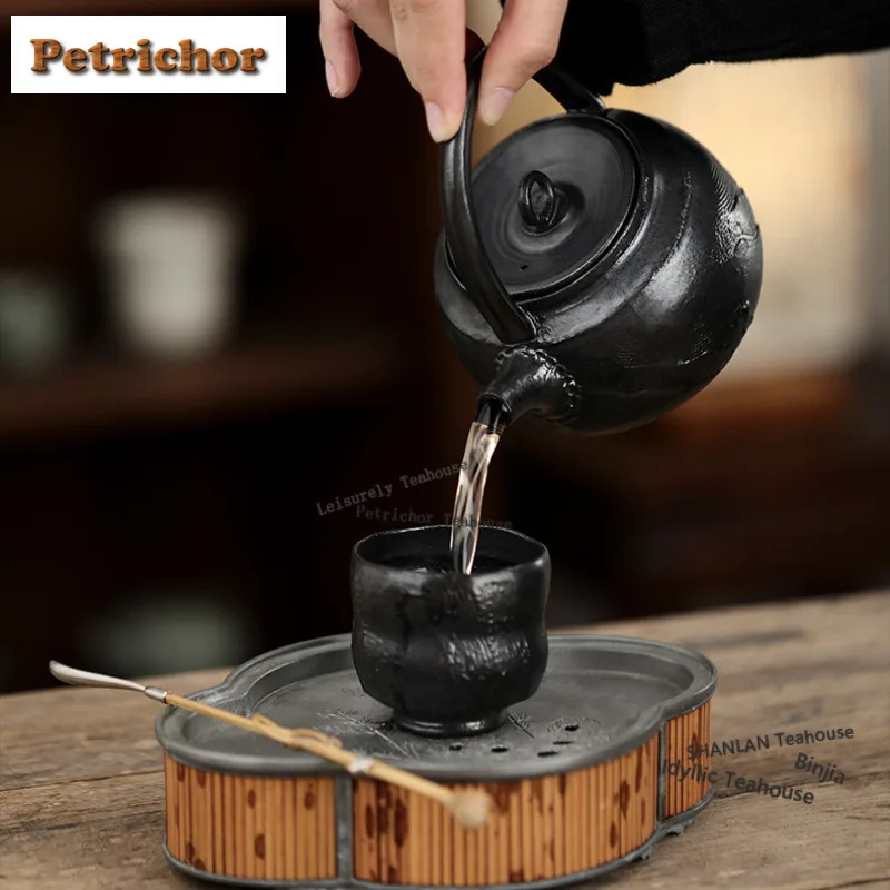 330ml Black Gold Glaze Wave Pattern Handle Teapot Luxury Tea Infuser Pot Tea Maker Kettle with Strainer Cha Accessories Gift
