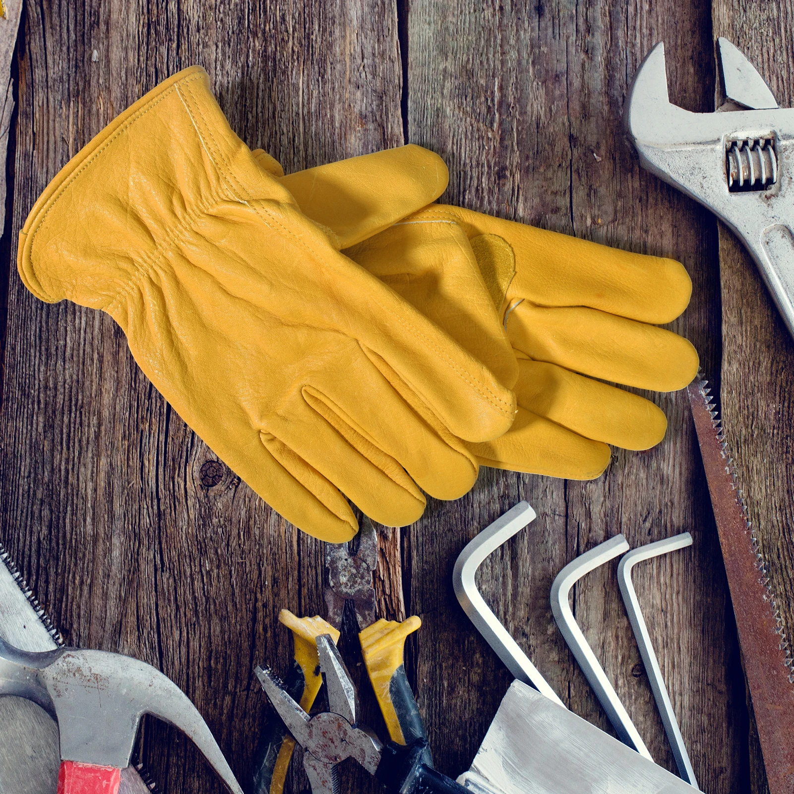 1pair Flex Grip Leather Work Gloves Stretchable Wrist Tough Cowhide Working Glove