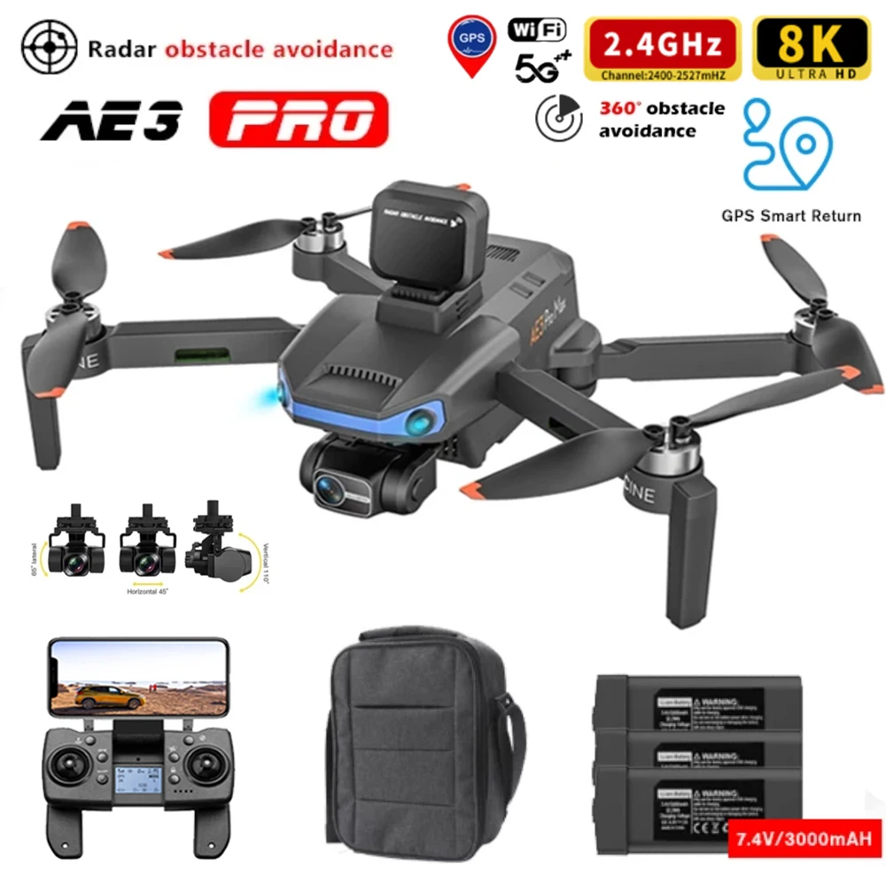 AE3 Pro Max GPS Drone 4K Dual Camera 5G Wifi FPV 3-Axis Gimbal Professional Radar Obstacle Avoidance Quadcopter 1500M RC Toy