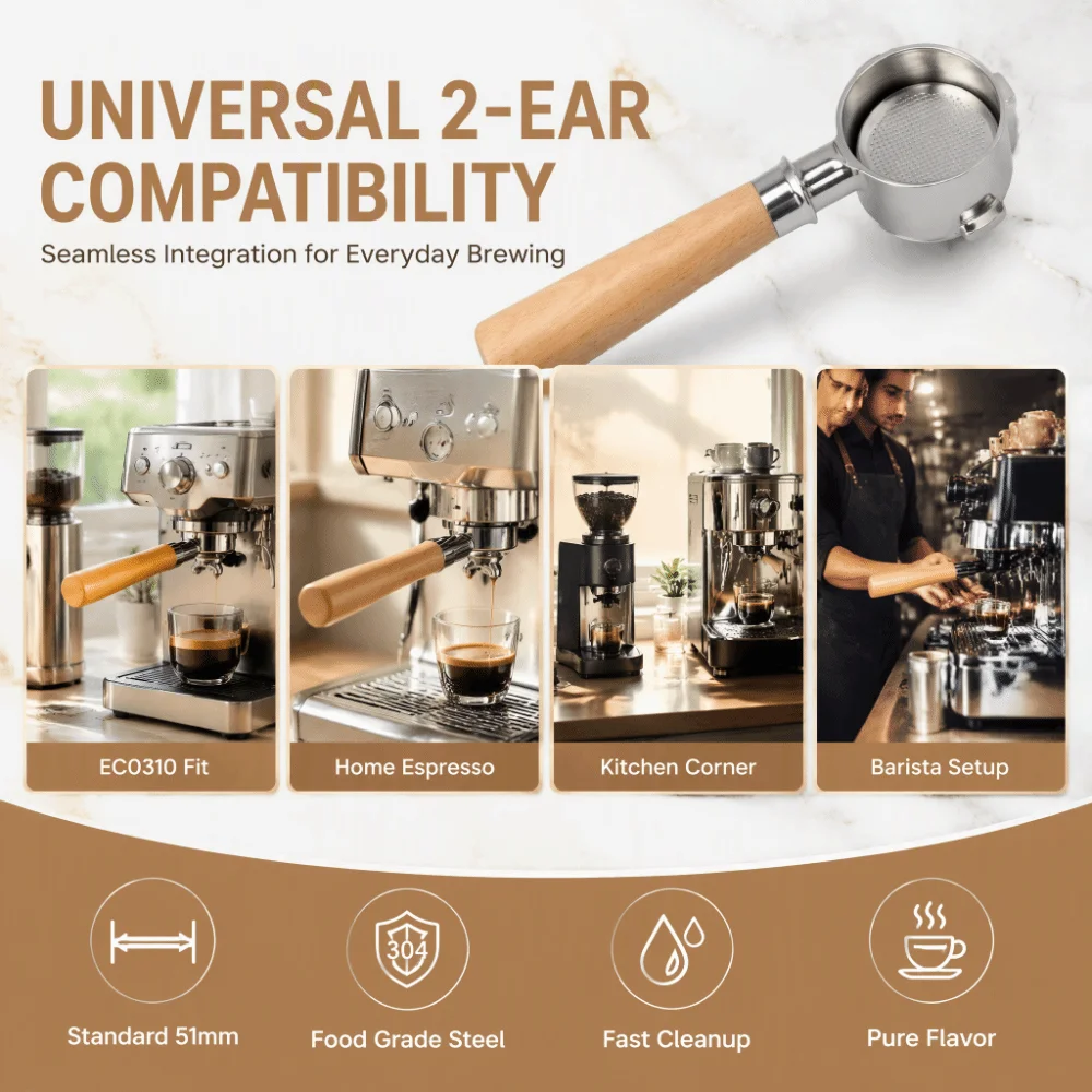 51mm Diameter Bottomless Coffee Portafilter 2 Ears Design Aluminum Alloy Body Single Layer Portafilter Wood Handle