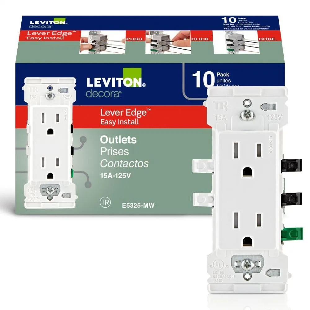 

15 Amp Tamper-Resistant Duplex Wall Outlet, 10-Pack, Lever Wire for Fast & Easy Installation, White