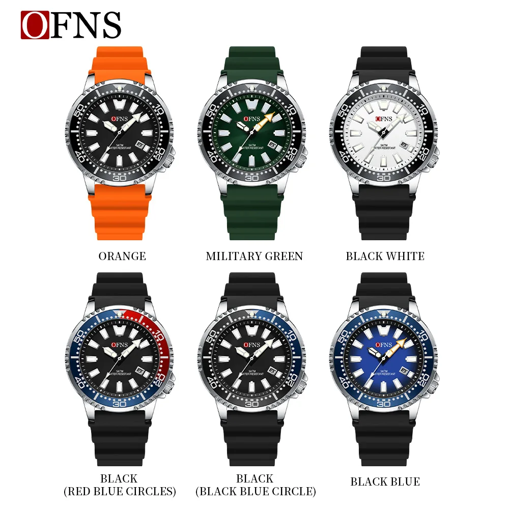 OFNS-reloj de cuarzo para hombre, cronógrafo luminoso de goma, resistente al agua, para deportes al aire libre, creativo, a la moda, nuevo, 8032