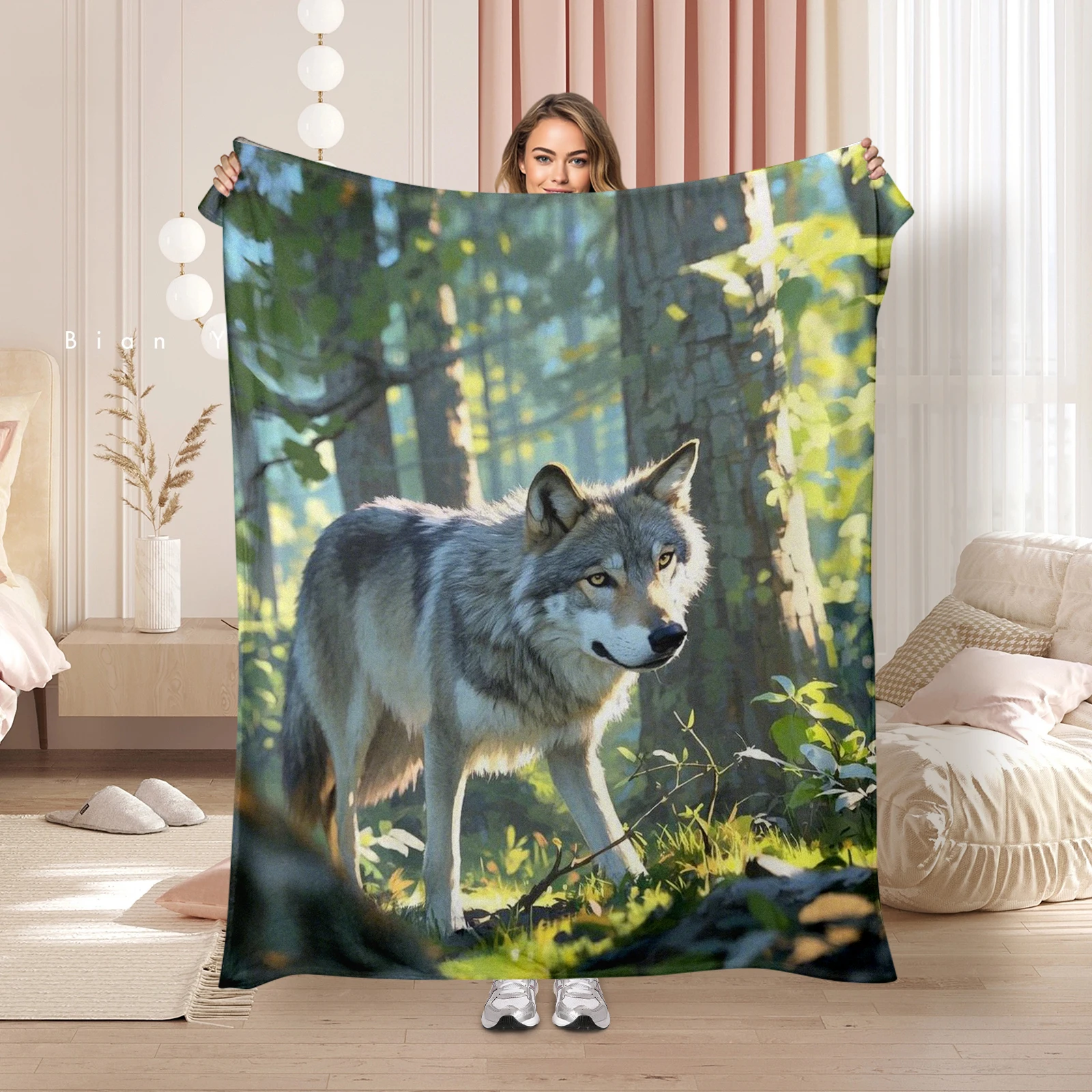 Premium Blanket With Themes Of Forest Grassland And Grey Wolves Creates A Peaceful Atmosphere Ideal For Gifting