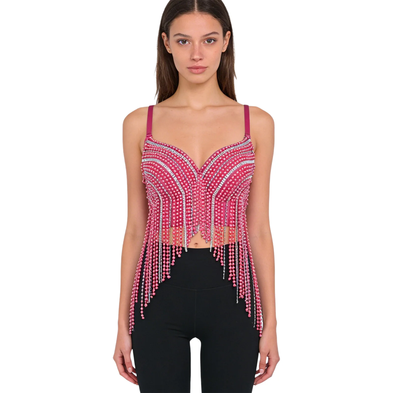 Women Tassel Bustier Vest Push-up Underwire Bra Plastic Beads and Rhinestones Tassel Crop Tank Tops Rave Festival Outfit