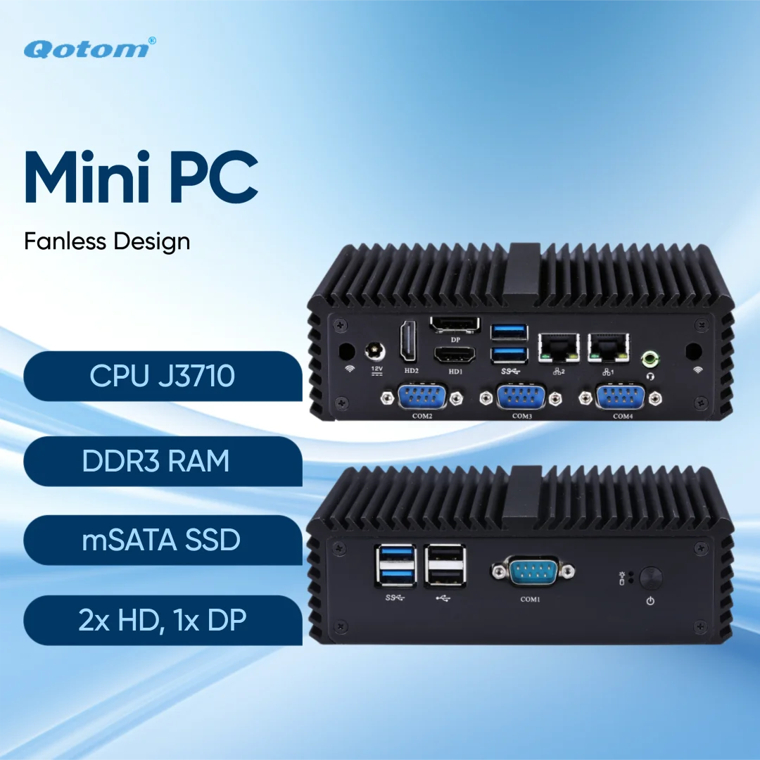 Fanless Dual LAN Mini PC J3710 Quad Core Processor TDP 6.5W 4x RS232 Fanless Mini PC X86 2xHD 1x DP Linux/ Win 7/8/10