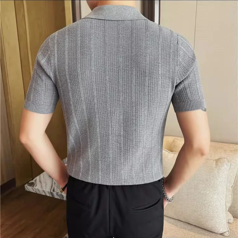 Men's Slim Fit Knit Polo  Breathable & Sweat-Wicking, Hollow Out V-Neck Design, Business Casual Short Sleeve T-Shirt