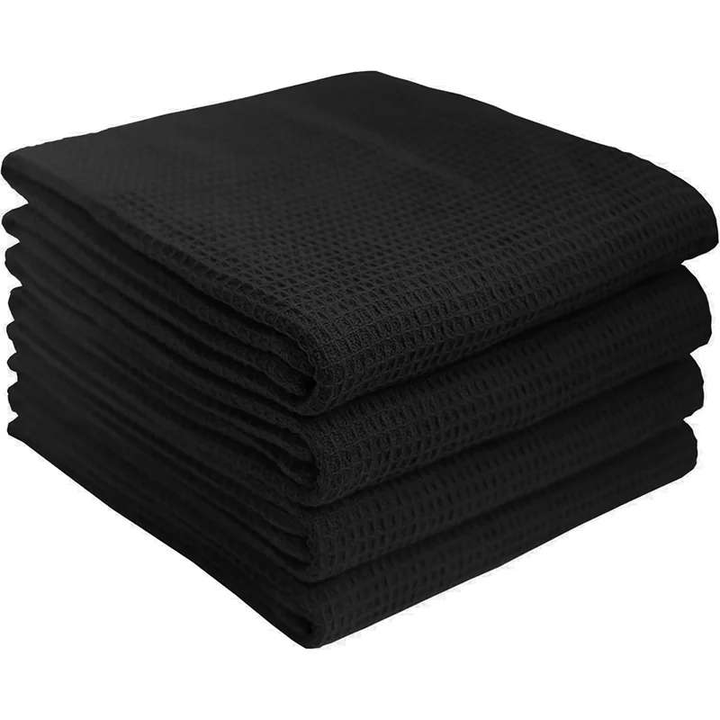 4Pcs, 40Cm×60Cm, 100% Polyester Black Waffle Kitchen Towels, Super Soft and Highly Absorbent Dishcloths, Cleaning Cloths, Kitchen Decor, Living Room Decorations, Kitchen Essentials, Home Essentials.
