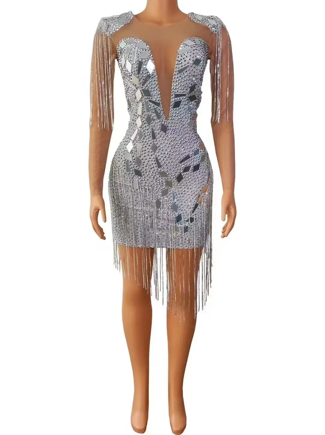 

Shining Silver Crystals Fringes Bodysuit See Through Birthday Celebrate Mesh Outfit Party Dance Female Singer Show