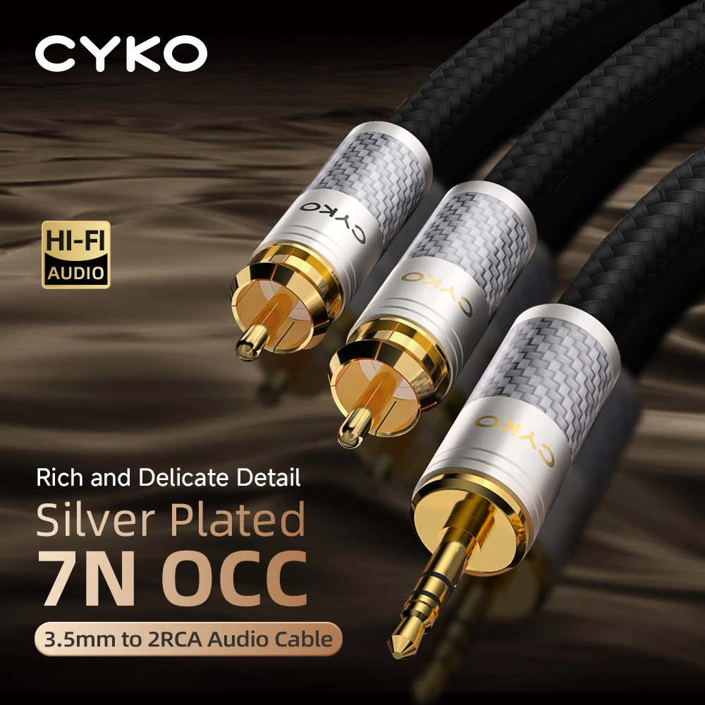 

CYKO HiFi Audio Cable 7N OCC RCA Cables Silver Plated Wire Plug 3.5mm Jack Aux Plug Convert 2 RCA for Home Theater Amplifier